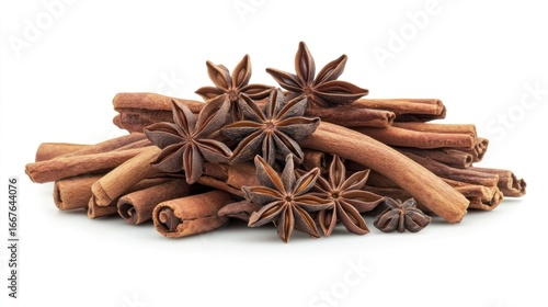Fototapeta Naklejka Na Ścianę i Meble -  Aromatic cinnamon sticks and star anise spices arranged in a pile against a white background.