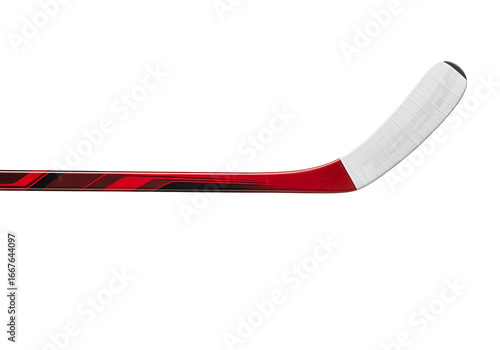 A professional hockey stick, featuring a sleek design with vibrant red and black color schemes, is presented against a stark black backdrop.