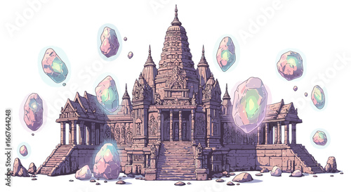 Ancient temple with floating crystals in fantasy style
