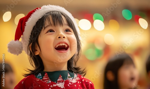 Kindergarten Christmas event featuring a child full of excitement and joy while singing a festive carol The cheerful performance creates a heartwarming holiday atmosphere filled, Generative AI