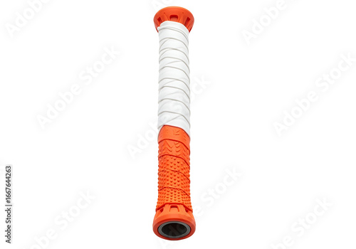 A vibrant orange and white sports equipment grip, featuring textured patterns, is showcased against a pure black background.