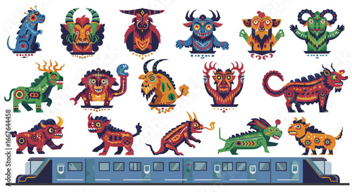 Stylized mythical creature collection with modern train in colorful cartoon style