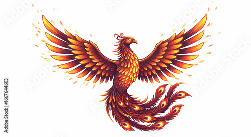 Vibrant phoenix with majestic wings and tail on white background