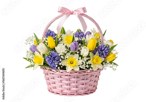A charming basket overflowing with vibrant spring flowers, including tulips, hyacinths, and daffodils, arranged artfully against a striking black backdrop.