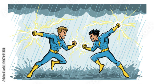 Epic battle between superheroes in stormy showdown