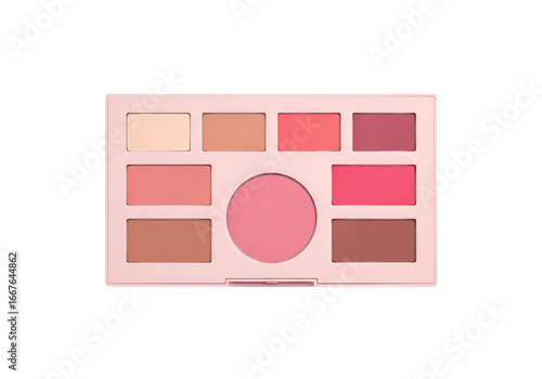 A rectangular, light pink makeup palette displays various shades of blush and other complexion products.