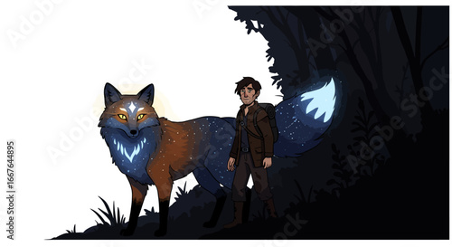 Mysterious encounter: man and mystic fox in forest setting