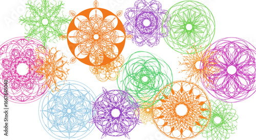 Colorful geometric mandala patterns art array in abstract circular designs