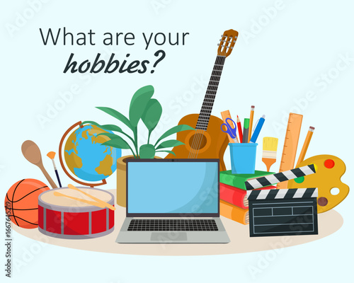 Photos Hobby or after school activity card elements Laptop guitar globe books brush roo