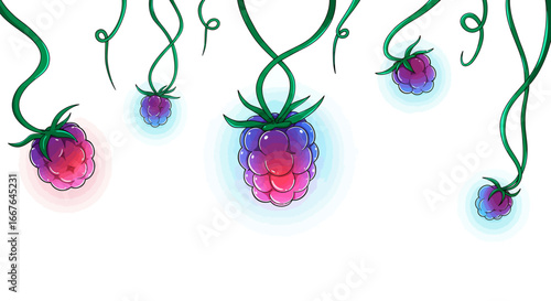 Vibrant abstract raspberries with gradient hues and twisting vines on white background