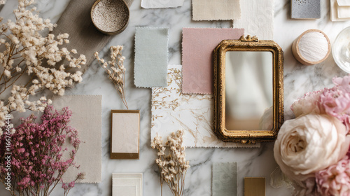 Soft fabric swatches, dried flowers, gold frame, and marble textures create elegant, romantic wedding planner business mood board for upscale event inspiration