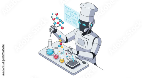 Futuristic robot chef innovating with molecular gastronomy in kitchen lab