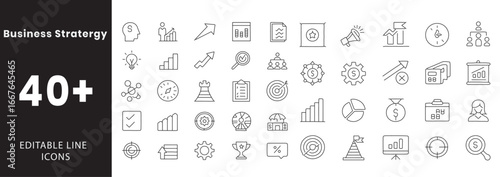 Business Strategy icon set. Containing planning, goals, KPI, profit, meeting, leadership, market analysis, project, workflow, growth, negotiation, success, finance, and more. Editable line icons. 