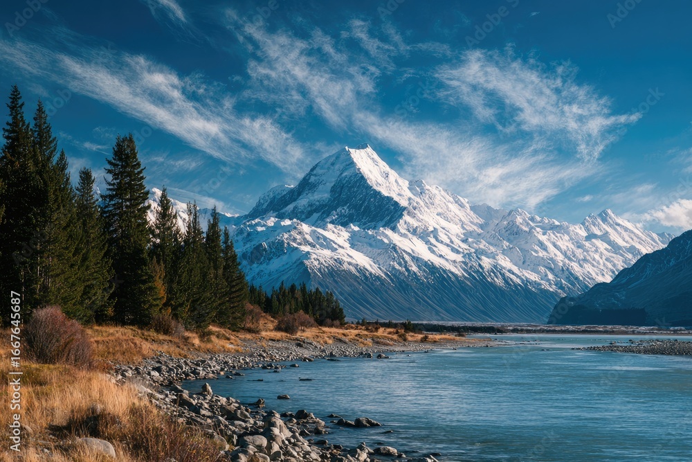 Obraz premium Snowy mountain peak, clear river, autumn trees