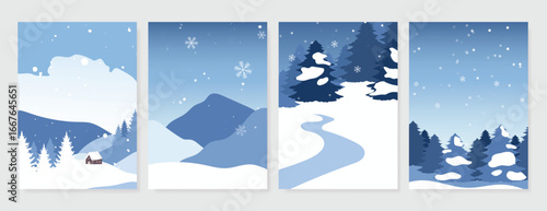 Winter landscape poster vector set. Christmas and Happy New Year season with house, mountain, pine tree and snowfall. Background design for invitation, card, social post, cover, sale banner, ads.