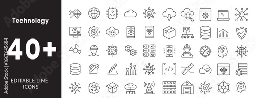 Technology & Innovation icon set. Containing AI, coding, robotics, data, automation, VR, AR, blockchain, cloud, chip, and more. Editable line icons. Vector illustration