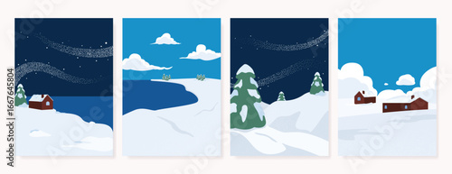 Winter landscape poster vector set. Christmas and Happy New Year season with mountain, tree, house, river and snowfall. Background design for invitation, card, social post, cover, sale banner, ads.