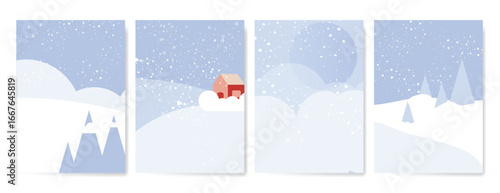 Winter landscape poster vector set. Christmas and Happy New Year season with mountain, tree, house, river and snowfall. Background design for invitation, card, social post, cover, sale banner, ads.