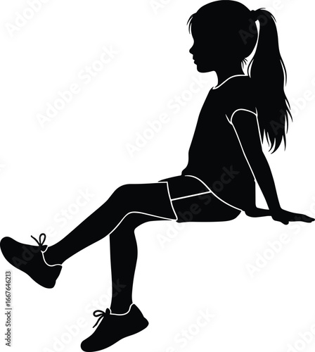 Silhouette of person sitting with legs extended, relaxed pose, casual outfit, ponytail hairstyle, outdoor moment, black and white minimal scene