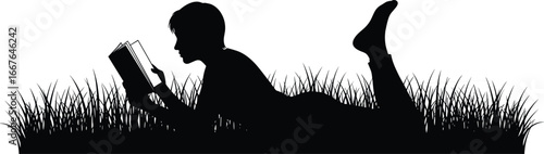Silhouette of person reading outdoors, lying in tall grass with raised feet, peaceful nature scene, book lover concept, black image