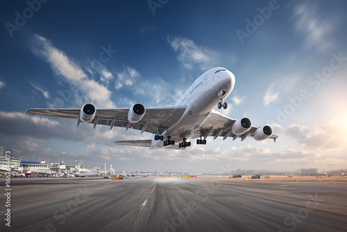 An Airbus A380 aircraft taking off from a modern airport runway in daylight