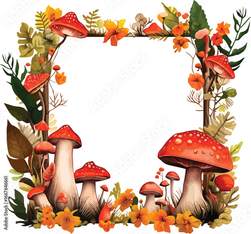 Rustic Forest Frame with Mushrooms and Foliage