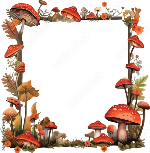 Enchanted Forest Frame with Mushrooms and Leaves