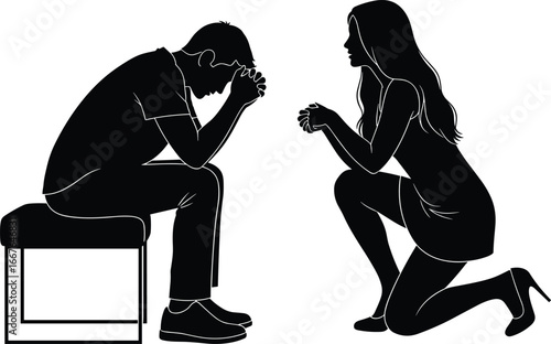 Silhouetted figures showing emotional support, one seated with hands clasped, one kneeling, empathy and comfort moment, black white scene