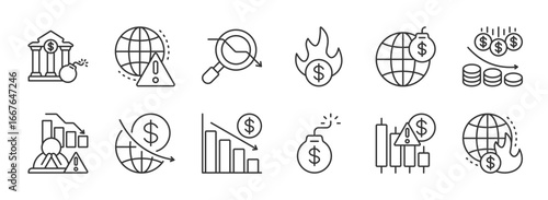 Economic Instability line editable icon set. bankruptcy, debt, financial , downturn, crisis, decrease, and more. Editable stroke. Vector illustration eps 10