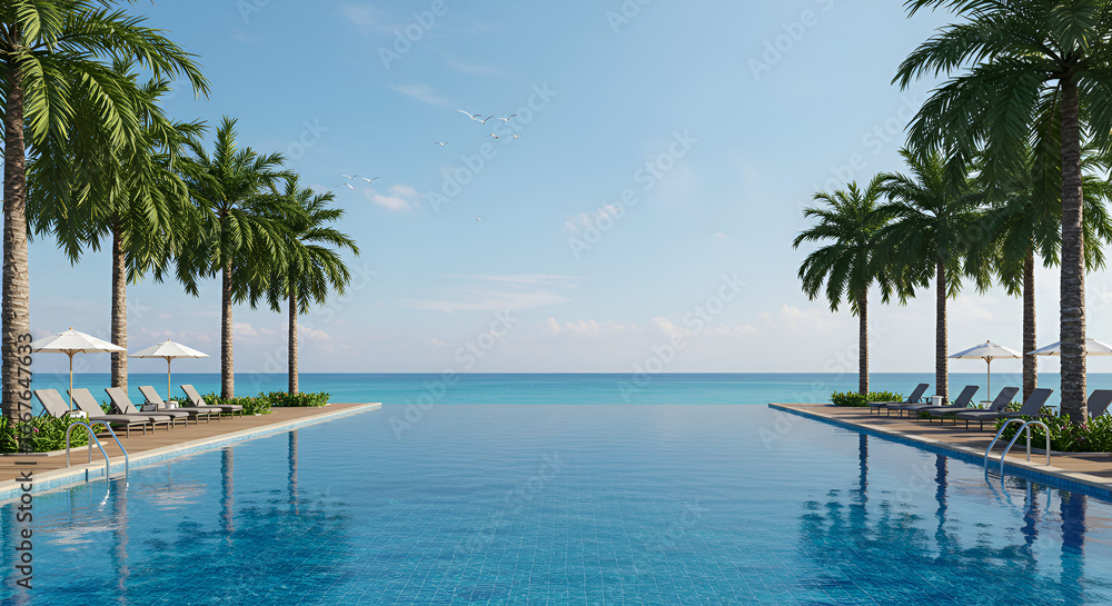 Fototapeta premium Modern infinity pool overlooking pristine tropical ocean and mountains