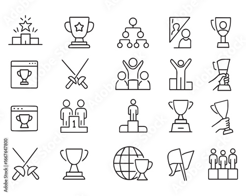 Set of outline icons related to competition. Linear icon collection