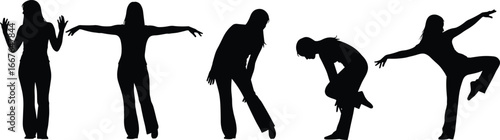 Silhouettes of dancing people, expressive motion, creative body poses, black illustration, white background, artistic movement, dynamic figure, isolated action