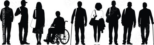 Silhouettes of diverse people standing, walking, sitting, cane users, wheelchair presence, inclusive lifestyle posture, black and white minimal design
