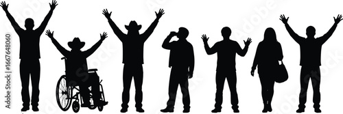 Silhouettes of diverse people with raised arms, wheelchair, gestures and standing postures, black and white inclusive lifestyle activity illustration