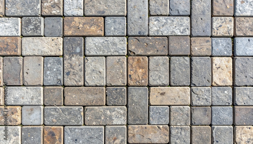 Fototapeta premium Neutral hued brick pavers arranged geometrically creating a textured surface pattern