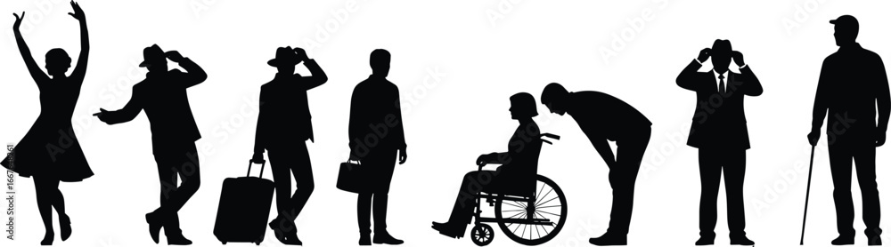 Silhouettes of diverse people, travel, business, disability support, visual impairment, wheelchair interaction, stress moment, observation, everyday lifestyle activity Silhouettes of diverse people, travel, business, disability support, visual impairment, wheelchair interaction, stress moment, observation, everyday lifestyle activity