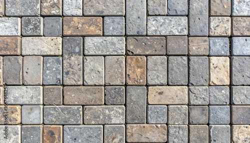 Neutral hued brick pavers arranged geometrically creating a textured surface pattern