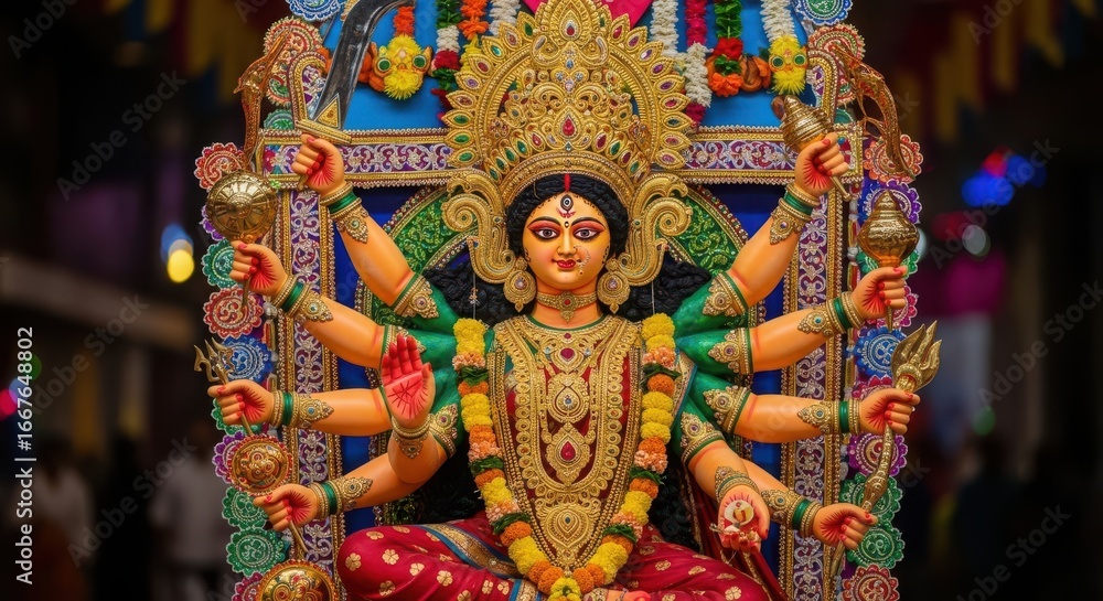 Obraz premium Durga Puja Festival Celebrations Showcasing the Divine Goddess Durga Idol in Vivid Colors and Ornate Gold Jewelry