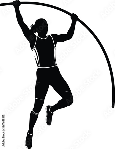 Vector art of a silhouette of a pole vaulter in midair, demonstrating athleticism, strength, and the thrill of competition