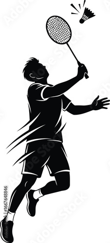 Vector art of the silhouette of a badminton player jumping to hit the shuttlecock, showcasing athleticism and dynamic action