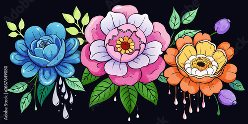 Watercolour blossoms, gouache botanical, oil-painted floral, hand-drawn flower art dark  backdrop.