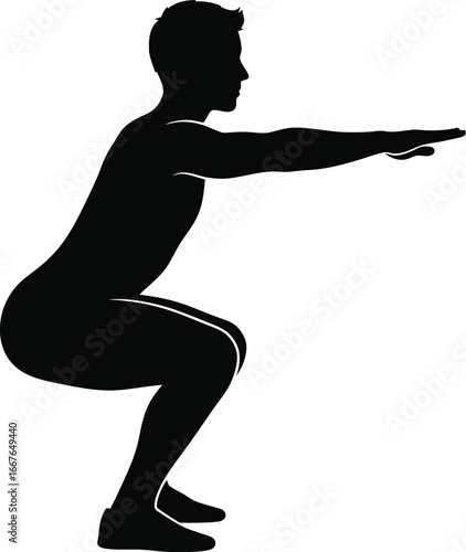Vector art of the silhouette of a man doing a squat exercise