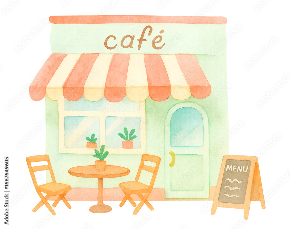 Obraz premium Cute cozy café exterior watercolor illustration PNG transparent background isolated