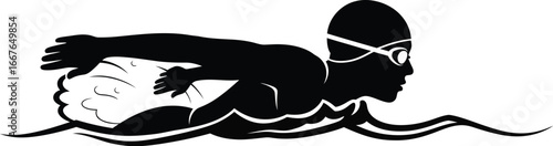 Vector art of the silhouette of a swimmer performing the butterfly stroke, showcasing the sport's power and grace.