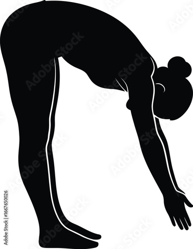 Vector art of a silhouette of a woman in a yoga forward bend pose, showcasing fitness, flexibility, and mindful exercise