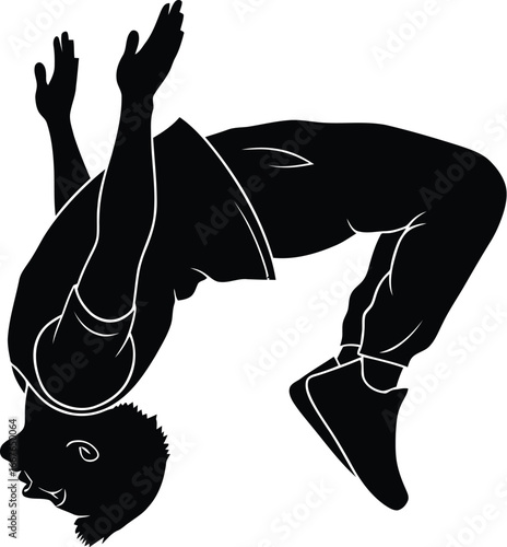 Vector art of a silhouette of a man doing a backflip with skill and balance
