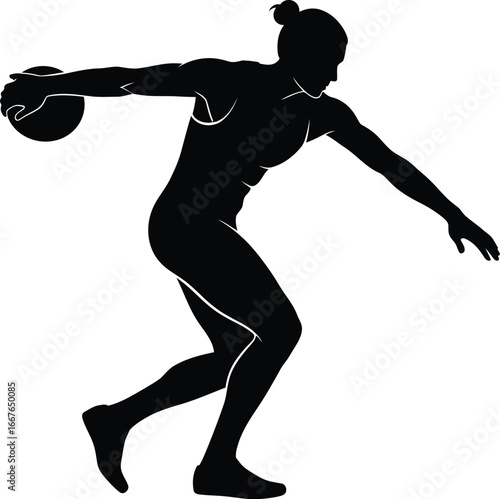 Vector art of a silhouette of a female discus thrower in action, showcasing athletic skill, power, and competitive spirit.