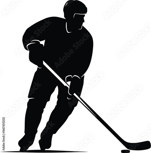 Vector art of a silhouette of a hockey player skating with a stick and puck, capturing the speed and intensity of the game