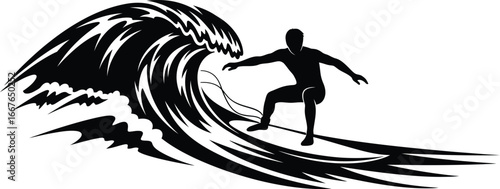 Vector art of a silhouette of a surfer riding a wave, capturing the thrill, adventure, and dynamic energy of surfing.