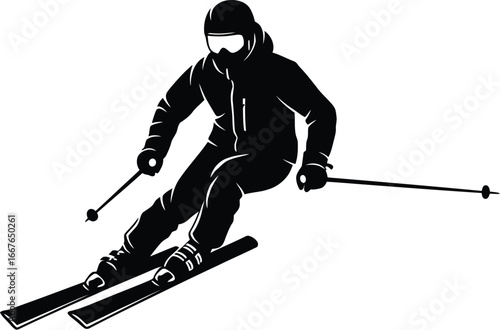 Vector art of a silhouette of a skier skiing downhill on a snowy slope, showcasing the thrill and excitement of winter sports